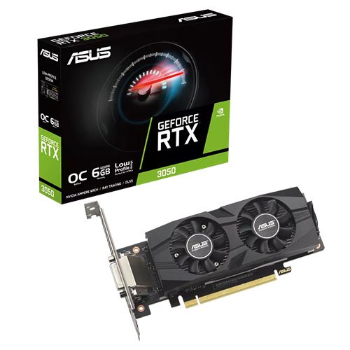 Asus DUAL RTX3050 LP BRK OC, 6GB DDR6, DVI, HDMI, DP, 1537MHz Clock, Overclocked, Low Profile (Bracket Included)