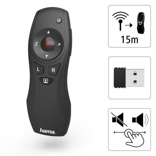 Hama X-Pointer 6-in-1 Wireless Laser Presenter, Laser Pointer, Air Mouse, Full/Black Screen, Volume, PowerPoint, Digital Ink, 15m Range