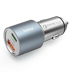 Hama USB Fast Charge Car Adapter, USB-C & USB-A, Power Delivery, Qualcomm 3.0, 38W, Metal