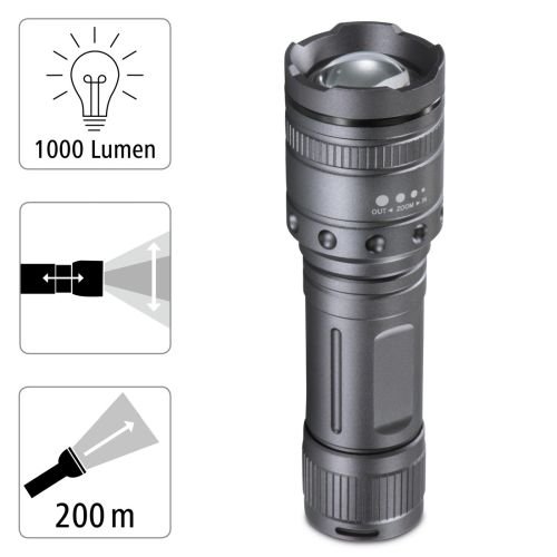 Hama Ultra Pro 1000 Lumen LED Torch, 200m Range, Adjustable Beam Focus, Shockproof, Aluminium, Black