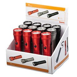 Hama FL-200 LED Torch x12 Multipack, 60 Lumen, Hand Strap, Black/Grey/Red, Display Case