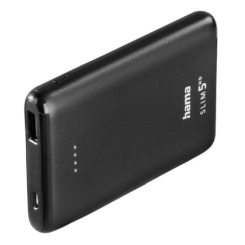 Hama SLIM 5HD 5000mAh Fast Charge Powerbank, 1x USB-A, LED Capacity Indicator, Black