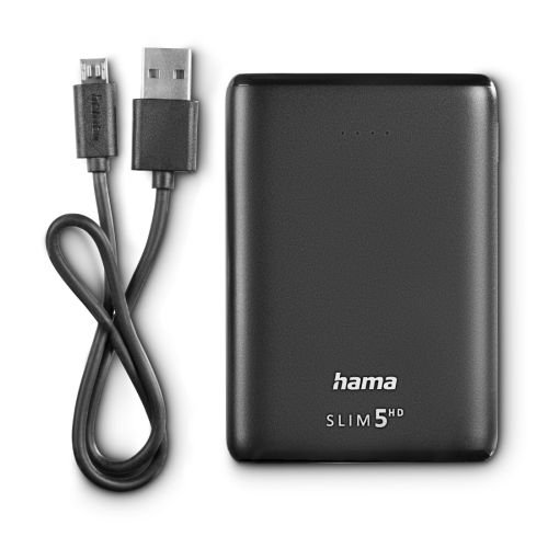 Hama SLIM 5HD 5000mAh Fast Charge Powerbank, 1x USB-A, LED Capacity Indicator, Black