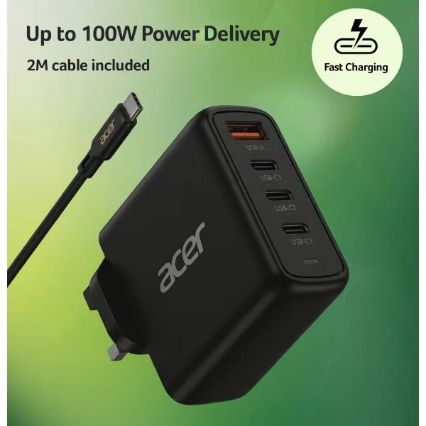Acer 100W PD Charger 3X USB-C 1X Usb-A Acer 100W PD Charger 3X USB-C 1X Usb-A